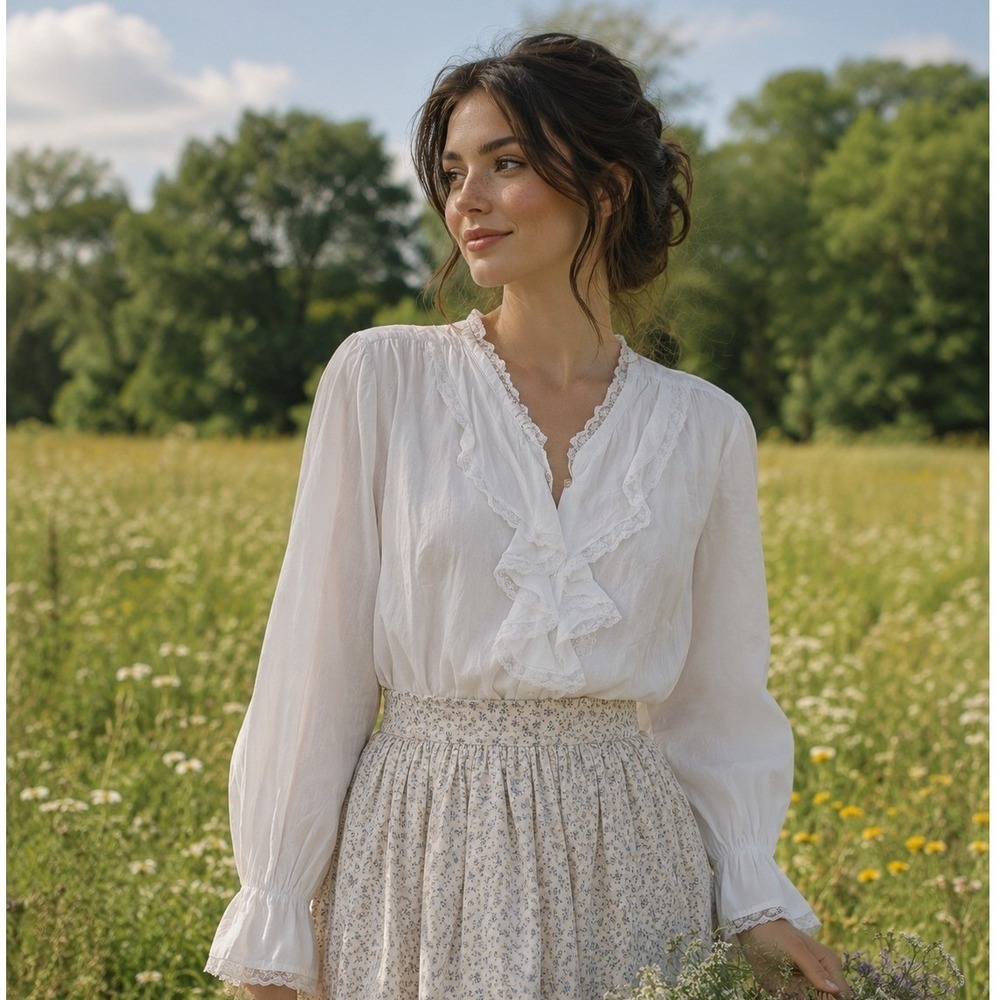 White Cotton Lace Ruffle Front Blouse Long Sleeve Victorian Cottagecore XL